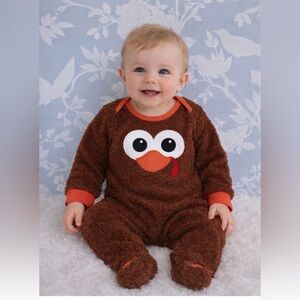 NWT! Cozy Brown and Orange Footies One Piece with turkey Face